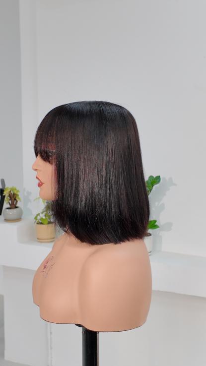 Worry Freeshop 10 inch straight bob human hair wig with bangs side view