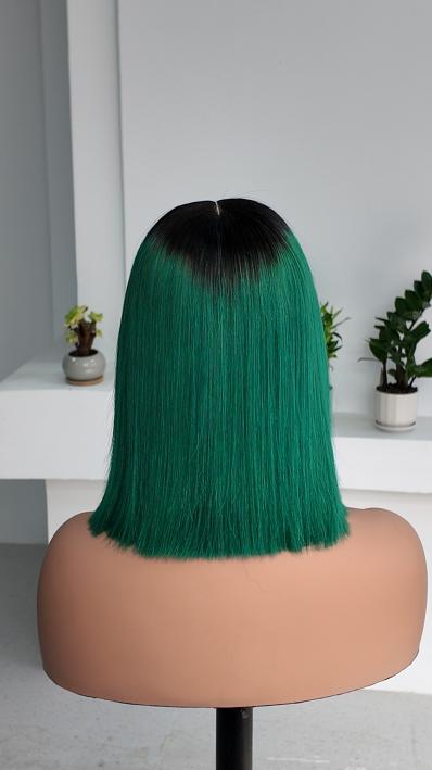 Worry Freeshop 10 inch black root green ombre 2x6 lace bob human hair wig back view