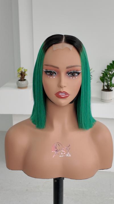 Worry Freeshop 10 inch black root green ombre 2x6 lace straight bob human hair wig front view