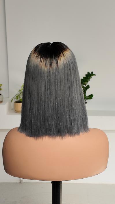 Worry Freeshop 10 inch black root silver gray 2x6 lace bob human hair wig back view