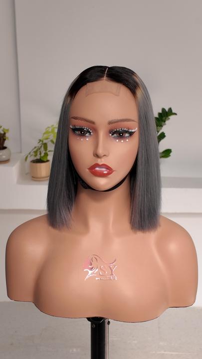 Worry Freeshop 10 inch black root silver gray 2x6 lace straight bob human hair wig front view