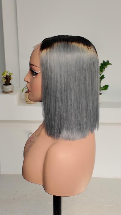 Worry Freeshop 10 inch silver gray straight bob human hair wig side view