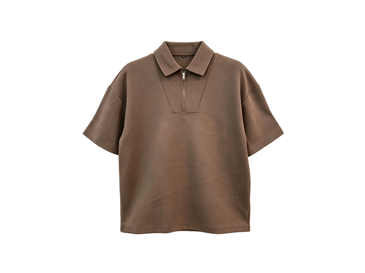 Wholesale Oversized Half-Zip Polo Shirt – Brown Short Sleeve Casual Top