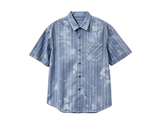 Wholesale Blue Washed Stripe Short Sleeve Button-Up Shirt