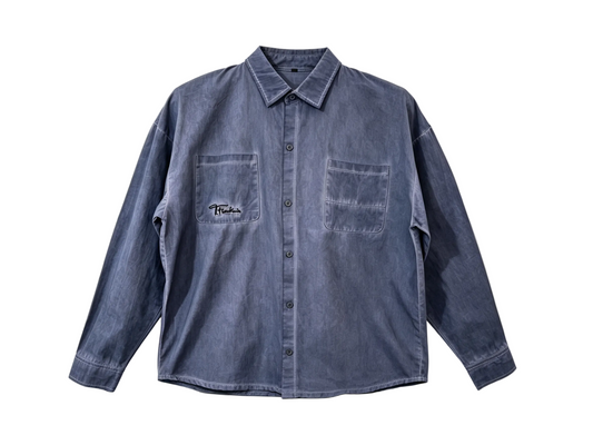 Vintage Washed Men's Long Sleeve Workwear Shirt with Double Chest Pockets