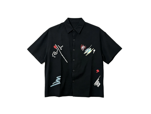 Men’s Black Graffiti Print Short Sleeve Shirt Casual Streetwear Button Up Shirt