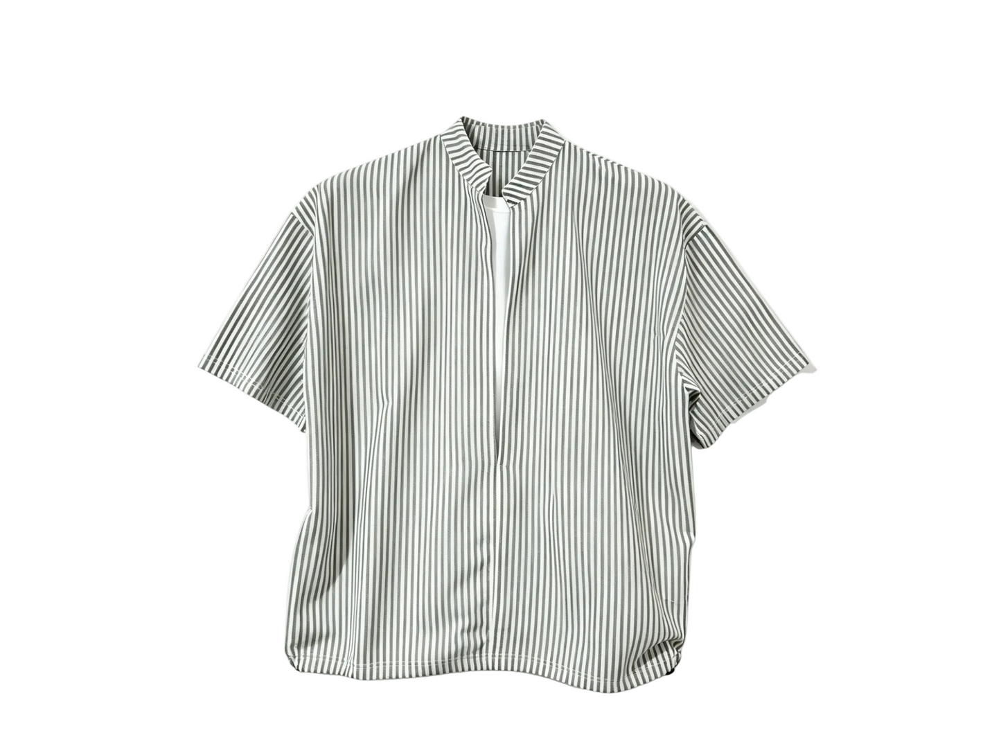 Men’s Striped Short Sleeve Stand Collar Shirt - Casual Summer Button Front Shirt