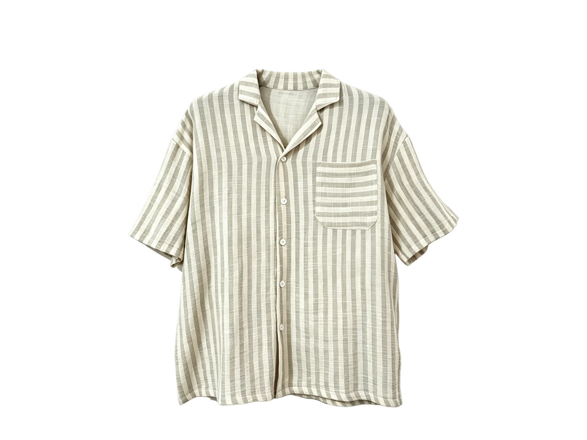 Wholesale Beige Striped Short Sleeve Button-Up Shirt with Chest Pocket