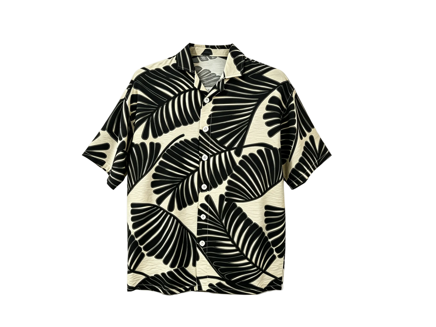 Black Tropical Leaf Print Short Sleeve Button Up Shirt for Men