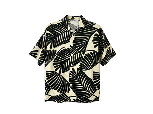 Black Tropical Leaf Print Short Sleeve Button Up Shirt for Men