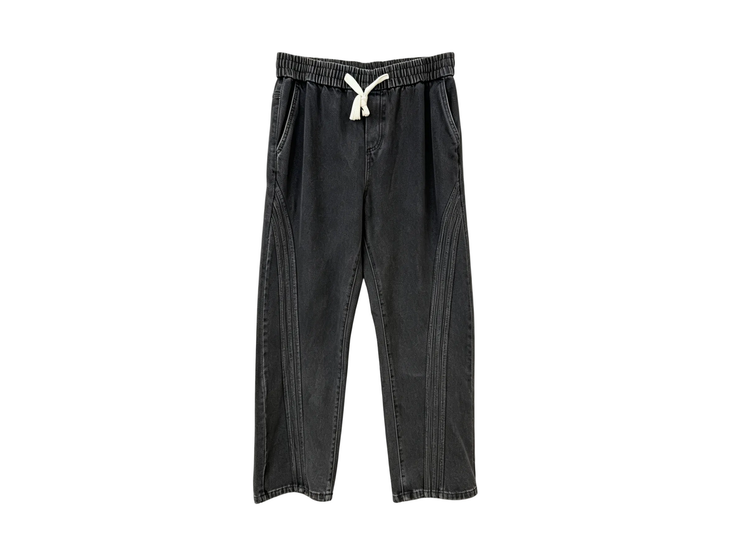 Men’s Black Drawstring Denim Pants with Front Seam Details