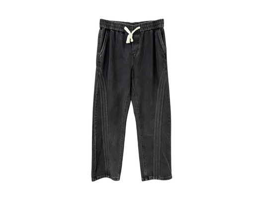 Men’s Black Drawstring Denim Pants with Front Seam Details