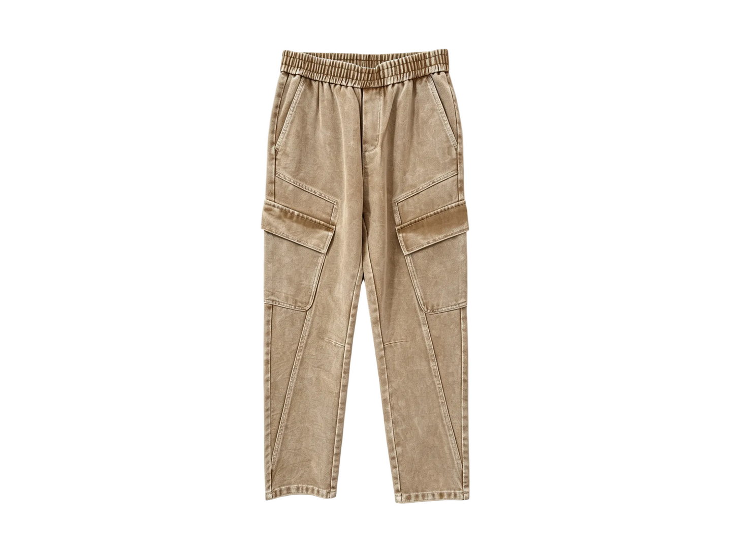 Men’s Khaki Washed Cargo Pants with Elastic Waist