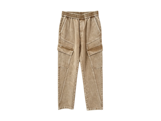 Men’s Khaki Washed Cargo Pants with Elastic Waist