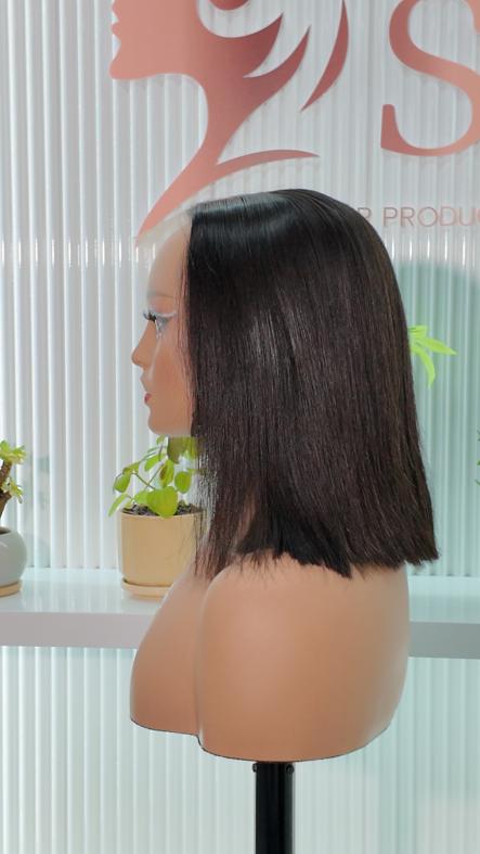Side view of Worry Freeshop 10 inch 13x4 lace straight bob human hair wig