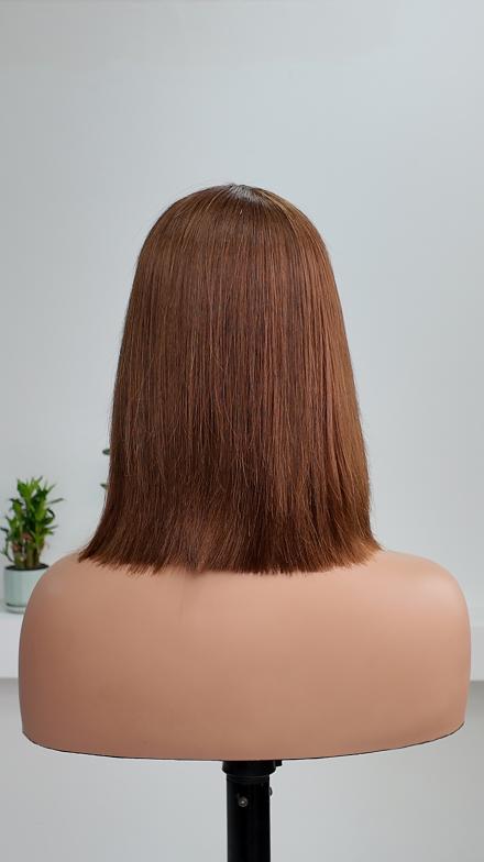 Back view of Worry Freeshop 10 inch 1x3 lace brown straight bob human hair wig