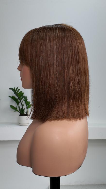 Side view of Worry Freeshop brown straight bob wig with bangs