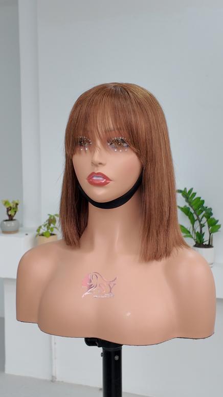 Front view of Worry Freeshop 10 inch brown straight bob human hair wig with bangs