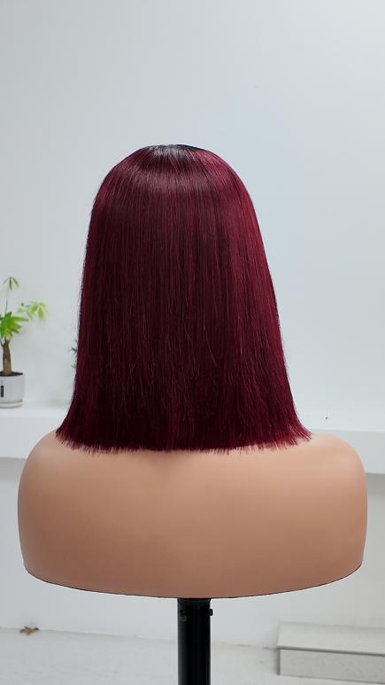 Back view of Worry Freeshop 10 inch 1x3 lace burgundy straight bob human hair wig