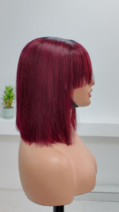 Side view of Worry Freeshop burgundy straight bob wig with bangs