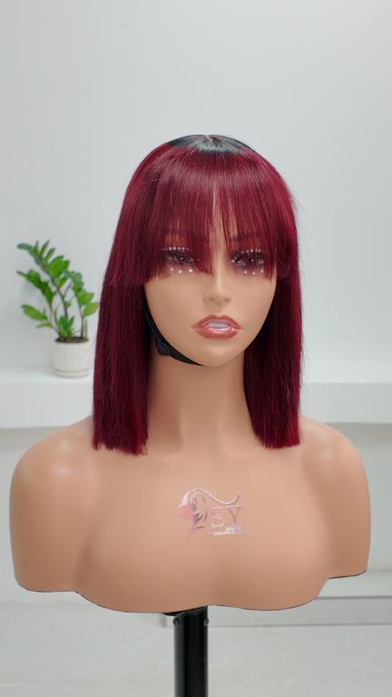 Front view of Worry Freeshop 10 inch burgundy straight bob human hair wig with bangs