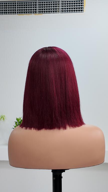 Back view of Worry Freeshop 10 inch 1x3 lace burgundy red straight bob human hair wig