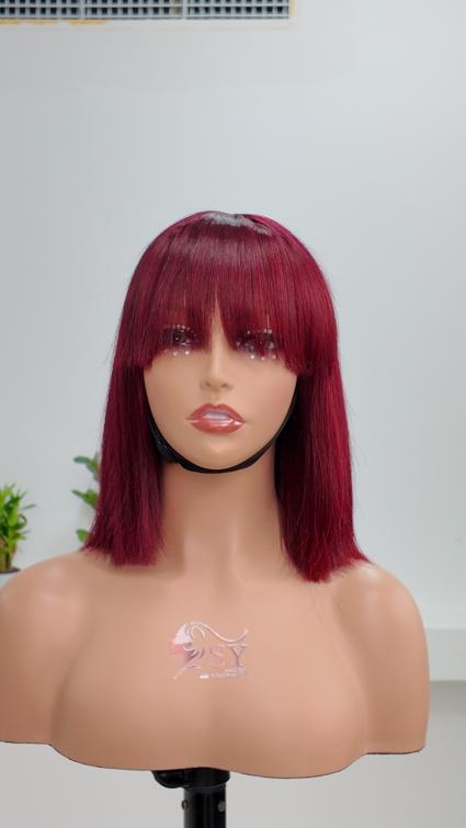 Front view of Worry Freeshop 10 inch burgundy red straight bob human hair wig with bangs