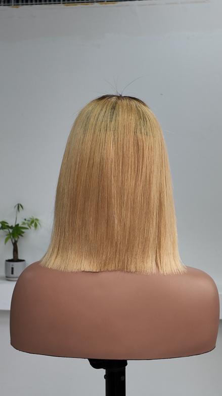 Worry Freeshop 10 Inch 1x3 Lace Dark Root Blonde Straight Bob Human Hair Wig with Bangs
