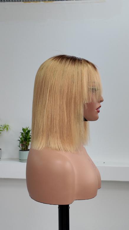 Worry Freeshop 10 Inch 1x3 Lace Dark Root Blonde Straight Bob Human Hair Wig with Bangs