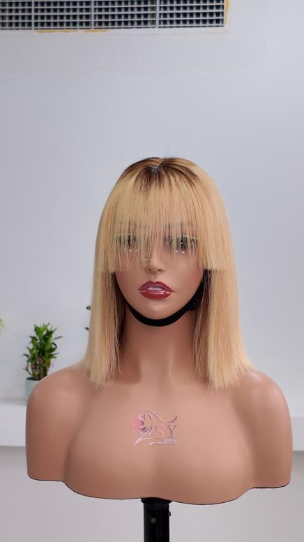 Worry Freeshop 10 Inch 1x3 Lace Dark Root Blonde Straight Bob Human Hair Wig with Bangs