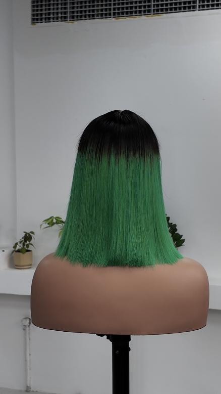 Back view of Worry Freeshop 10 inch 1x3 lace green ombre straight bob human hair wig