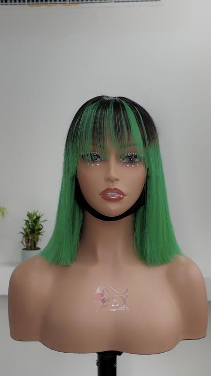 1x3 lace cap construction of Worry Freeshop green ombre bob human hair wig with adjustable straps
