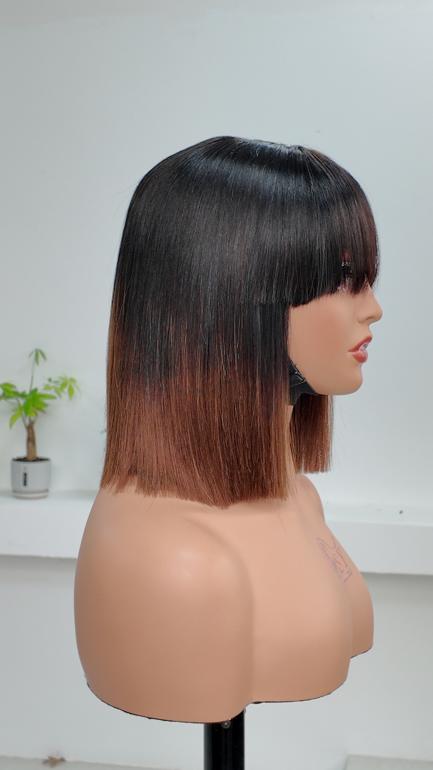 Side view of Worry Freeshop black brown ombre straight bob wig with bangs