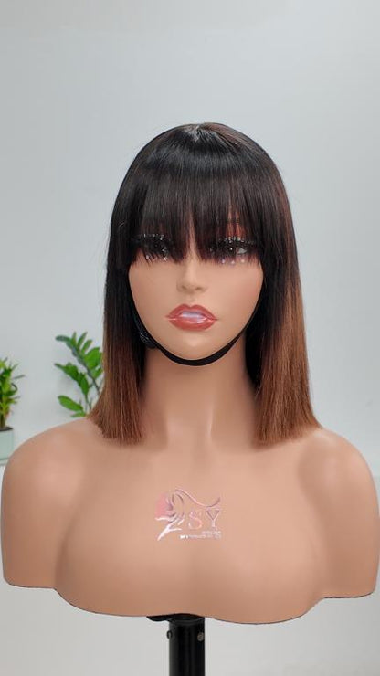 Front view of Worry Freeshop 10 inch ombre straight bob human hair wig with bangs