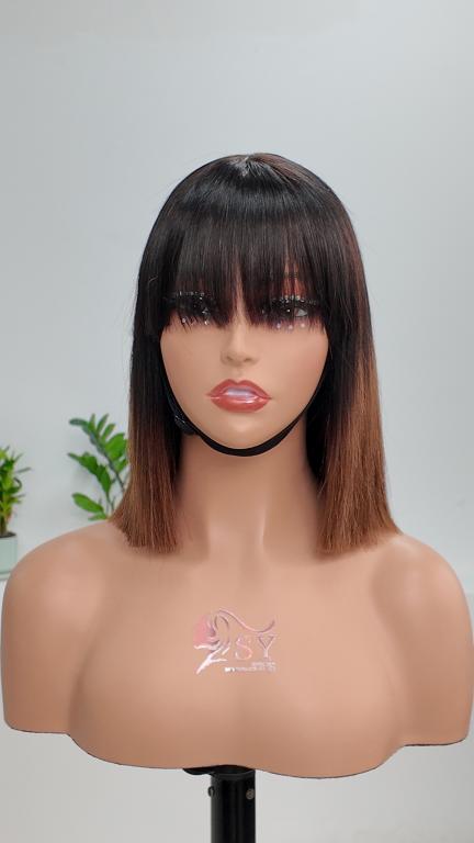 Front view of Worry Freeshop 10 inch ombre straight bob human hair wig with bangs