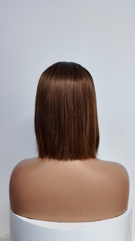 Back view of Worry Freeshop 10 inch black root brown straight bob human hair wig