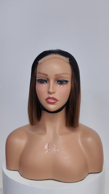 Front view of Worry Freeshop 10 inch black root brown lace front straight bob human hair wig