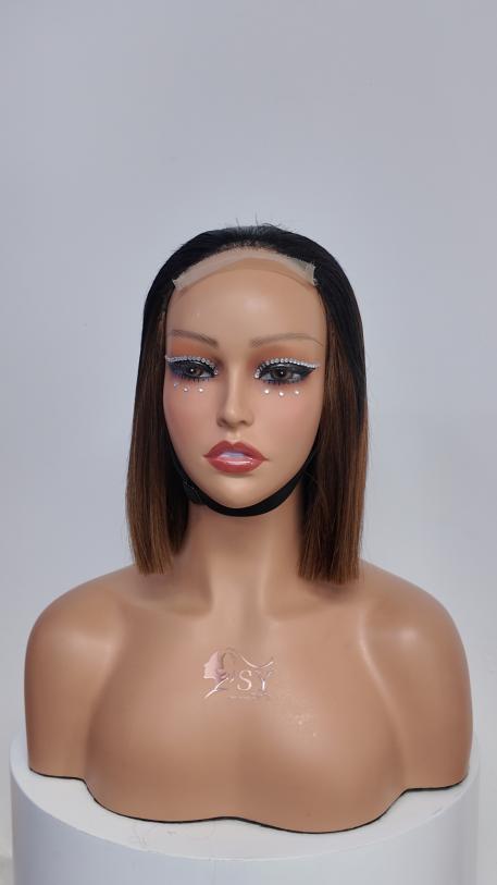 Front view of Worry Freeshop 10 inch black root brown lace front straight bob human hair wig