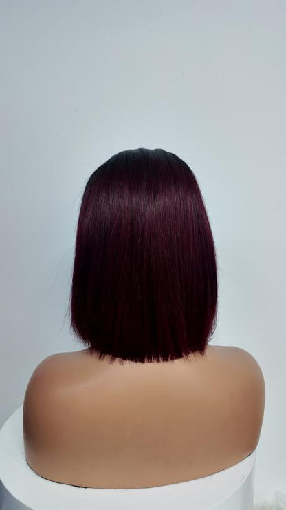 Back view of Worry Freeshop 10 inch black root burgundy straight bob human hair wig