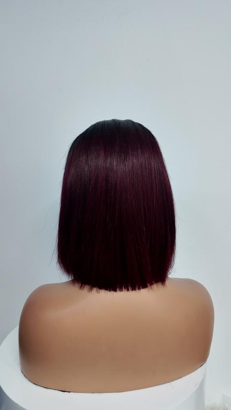 Back view of Worry Freeshop 10 inch black root burgundy straight bob human hair wig