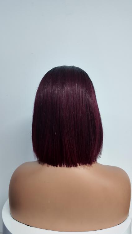 Back view of Worry Freeshop 10 inch black root burgundy straight bob human hair wig