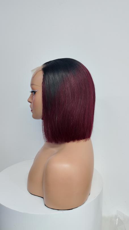 Side view of Worry Freeshop black root burgundy straight bob human hair wig