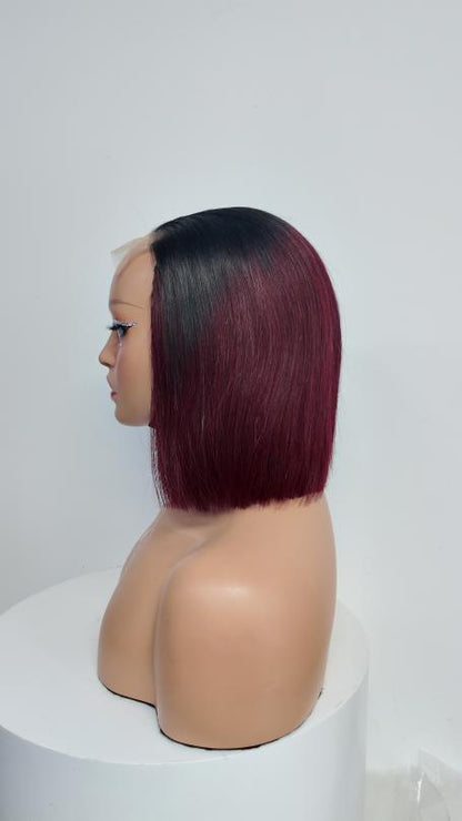 Side view of Worry Freeshop black root burgundy straight bob human hair wig