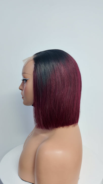 Side view of Worry Freeshop black root burgundy straight bob human hair wig
