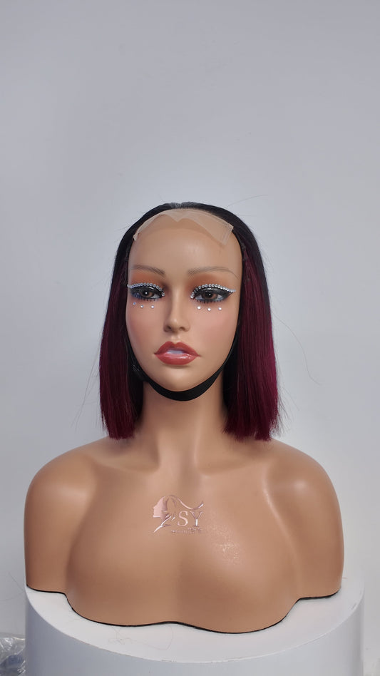 Front view of Worry Freeshop 10 inch black root burgundy lace front bob human hair wig