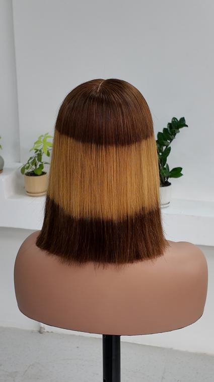 Worry Freeshop 10 inch brown blonde color block bob human hair wig back view