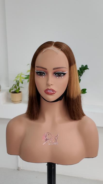 Worry Freeshop 10 inch brown blonde color block 2x6 lace human hair bob wig front view