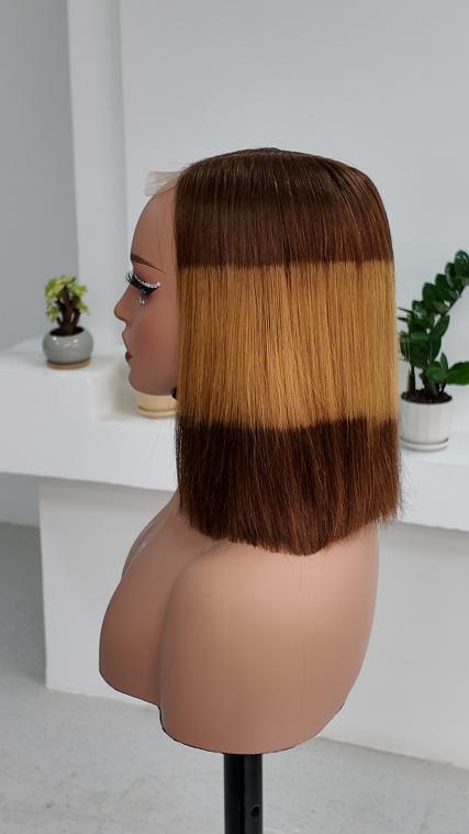 Worry Freeshop 10 inch brown blonde color block straight bob human hair wig side view