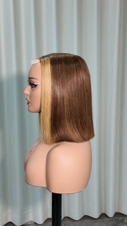 Side view of Worry Freeshop 10 inch brown bob with blonde front highlight human hair wig