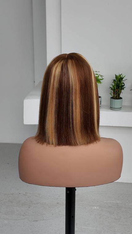 Back view of Worry Freeshop 10 inch brown bob with blonde highlight streaks human hair wig
